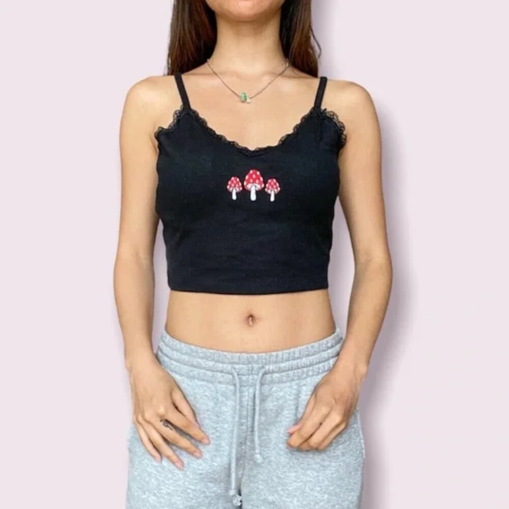 Mushroom Embroidered Lace Trim Cami